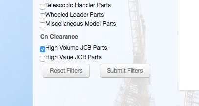 Screen shot of our parts catalogue's new clearance parts filter